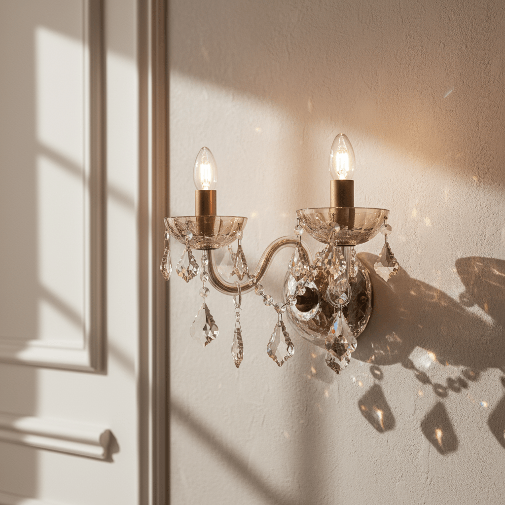 Crystal wall sconce with two light bulbs on a white wall.