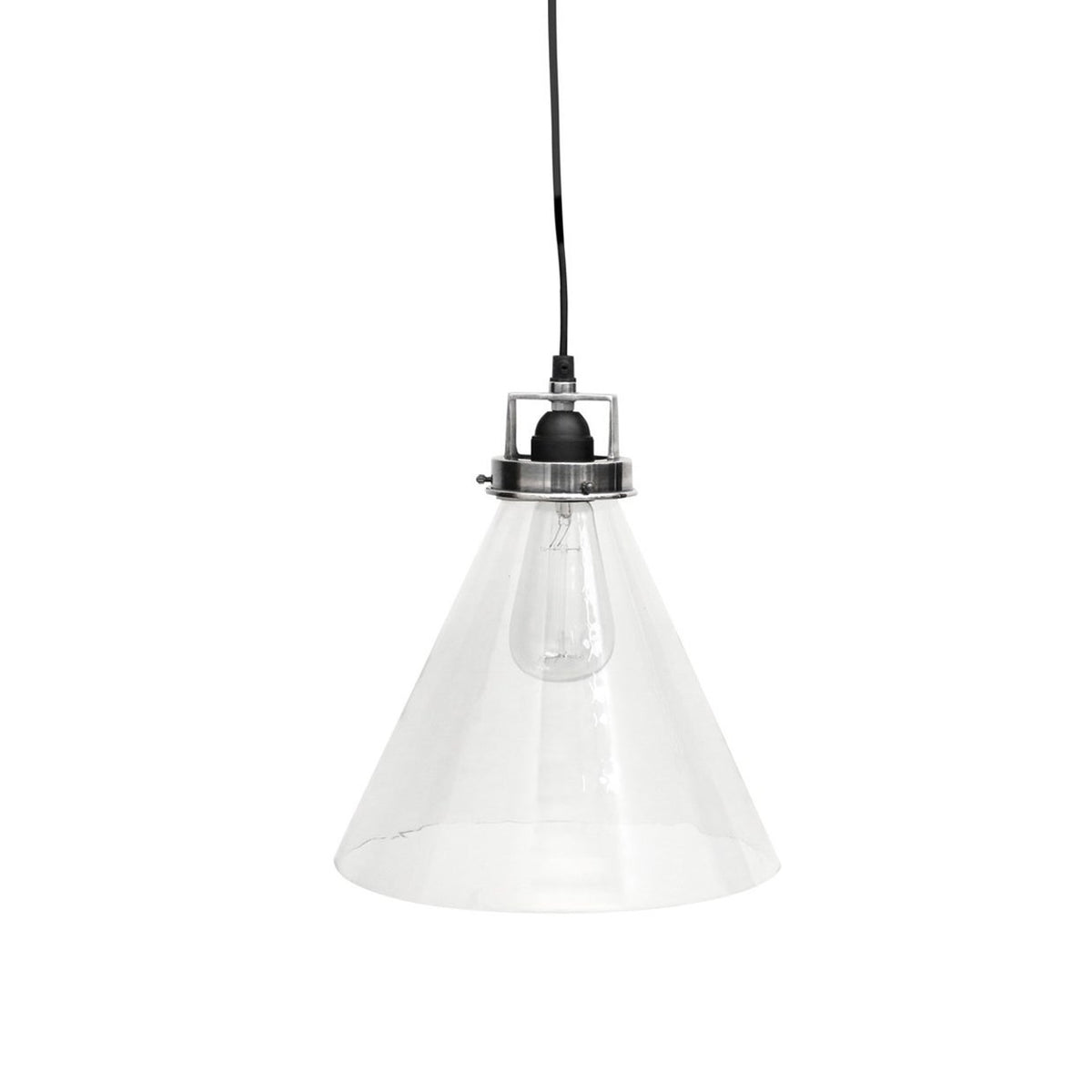 A Norfolk pendant light with solid brass fittings and a clear glass shade, designed in an antique silver finish.