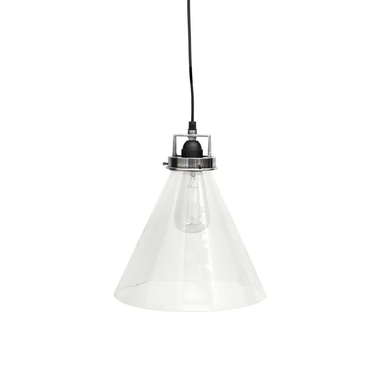 A Norfolk pendant light with solid brass fittings and a clear glass shade, designed in an antique silver finish.