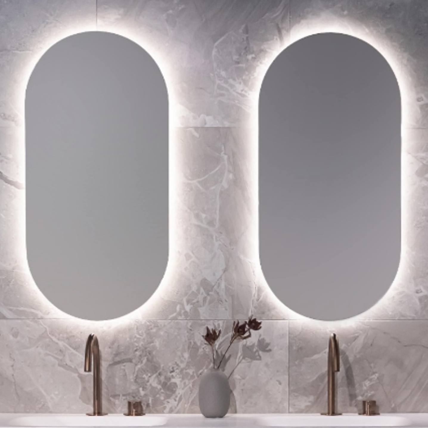 Two oval LED backlit mirrors with touch control dimming, mounted on a wall with lighting around them, reflective surfaces.