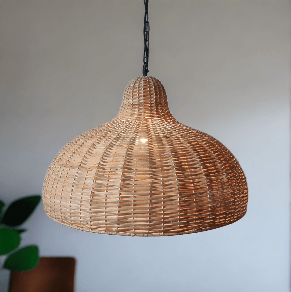 Wicker pendant light hanging against a plain wall with a plant in the corner.