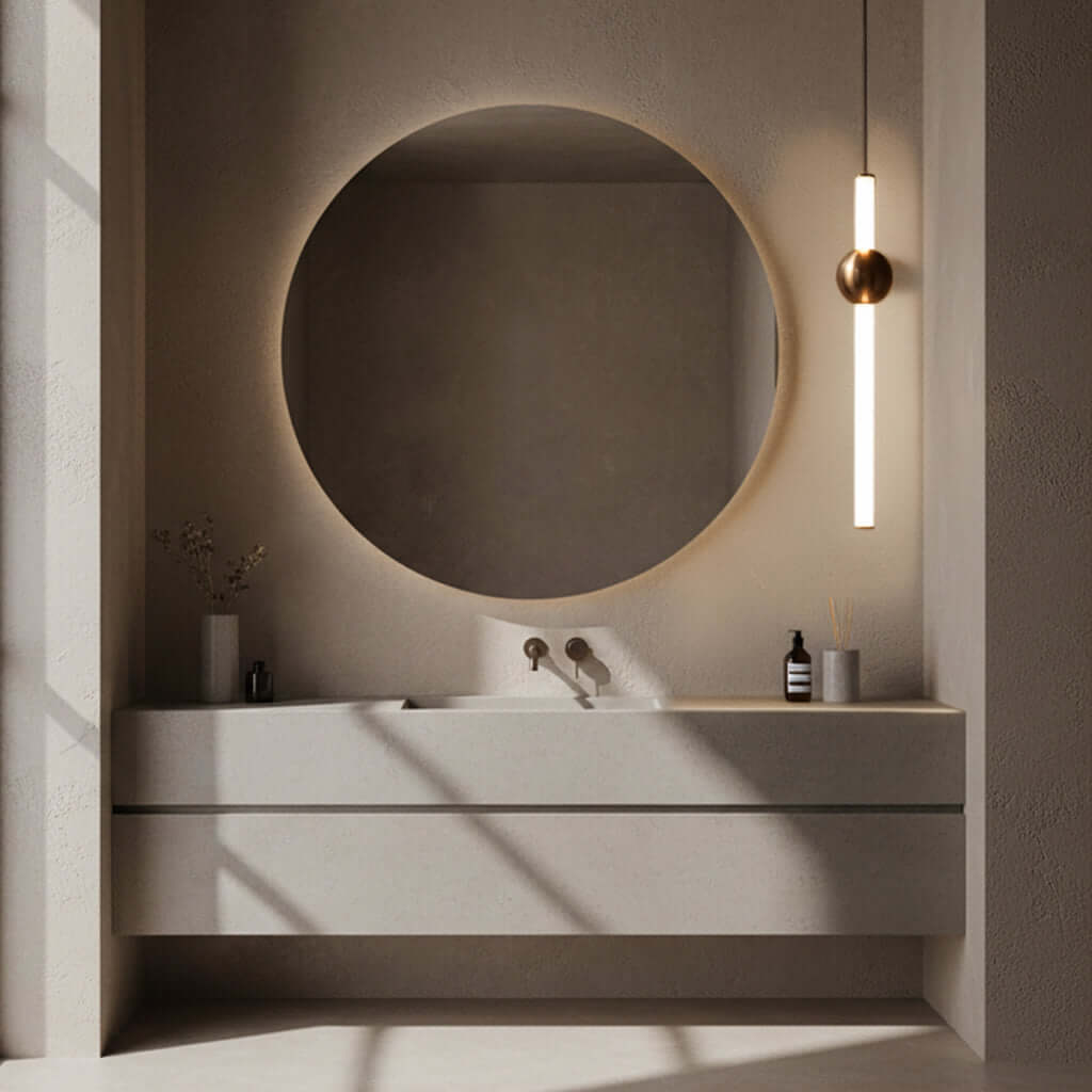 Modern bathroom vanity with round mirror and pendant light