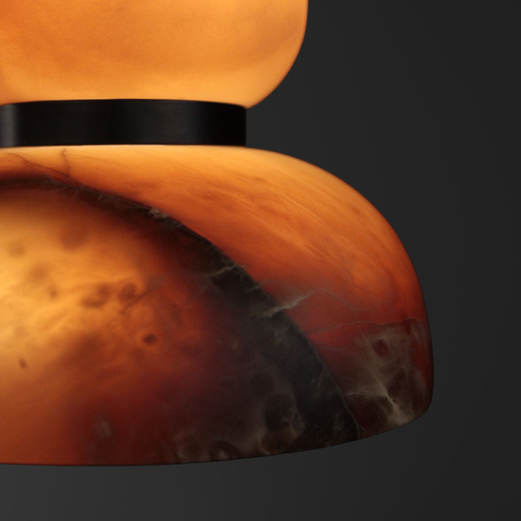 Close-up of a textured stone pendant light