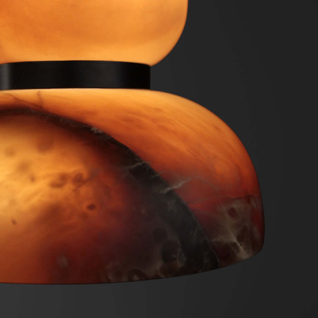 Close-up of a textured stone pendant light
