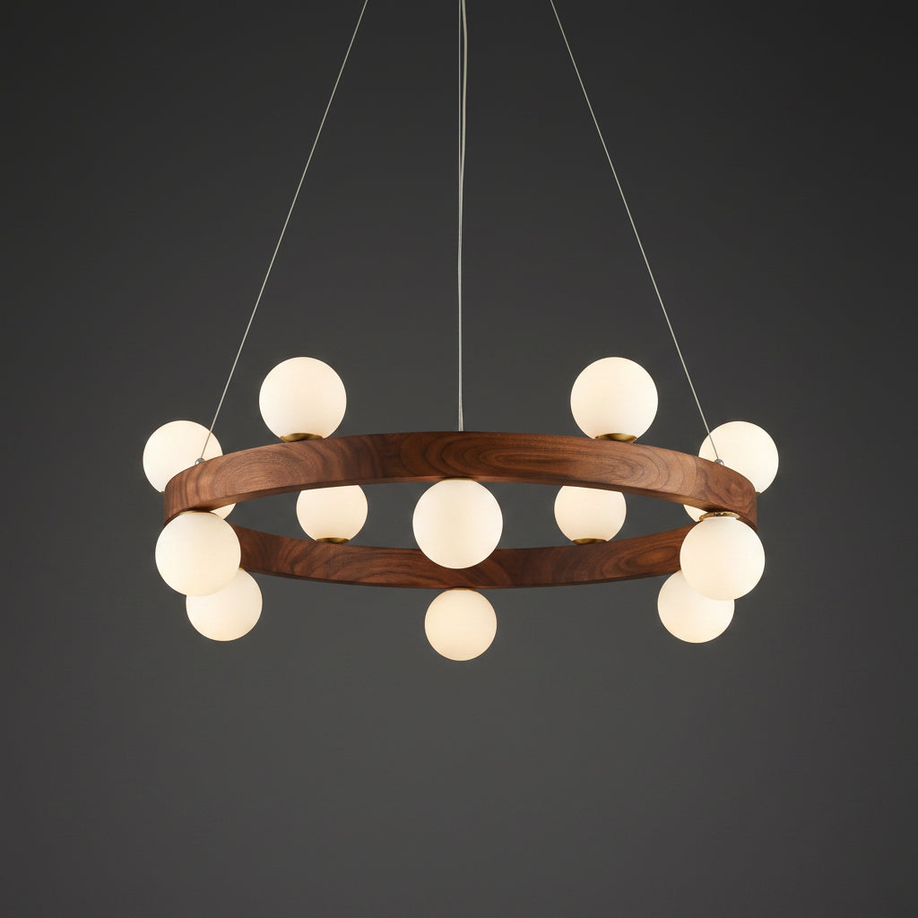 Wooden chandelier with multiple round glass lights on a white background