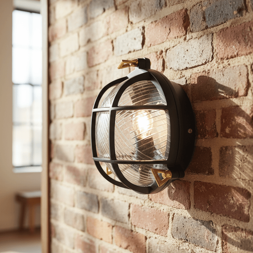 Decorative wall light fixture on a brick wall in a room with large windows.