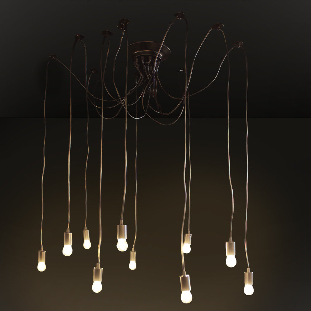 A modern multi-light pendant chandelier with ten hanging Edison-style bulbs suspended from a black ceiling canopy by long cords, over a dining table.