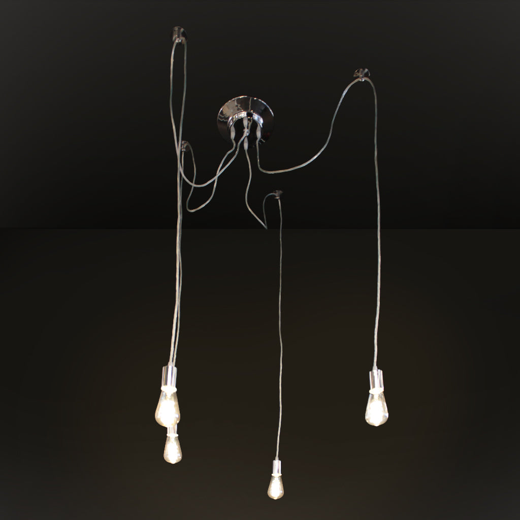 A modern multi-light fixture with a polished chrome ceiling mount, four flexible hanging cords, and four exposed screw-style light bulbs, shown against a dark black background.