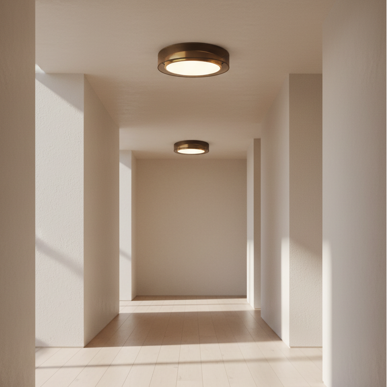 Modern hallway with light wood flooring and ceiling lights.