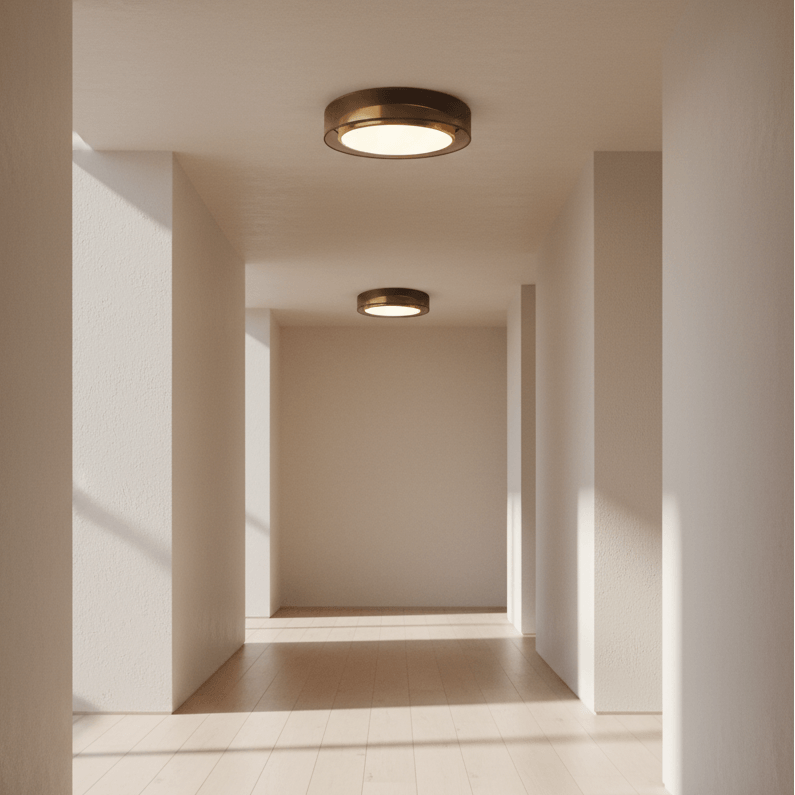 Modern hallway with light wood flooring and ceiling lights.