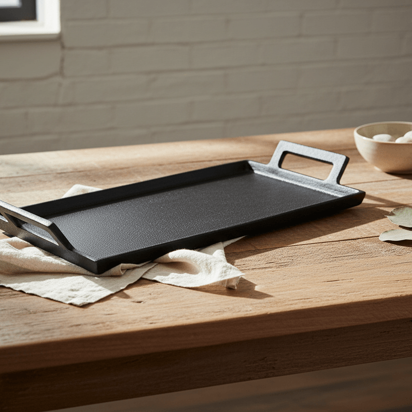 Black serving tray on a wooden table with a neutral background