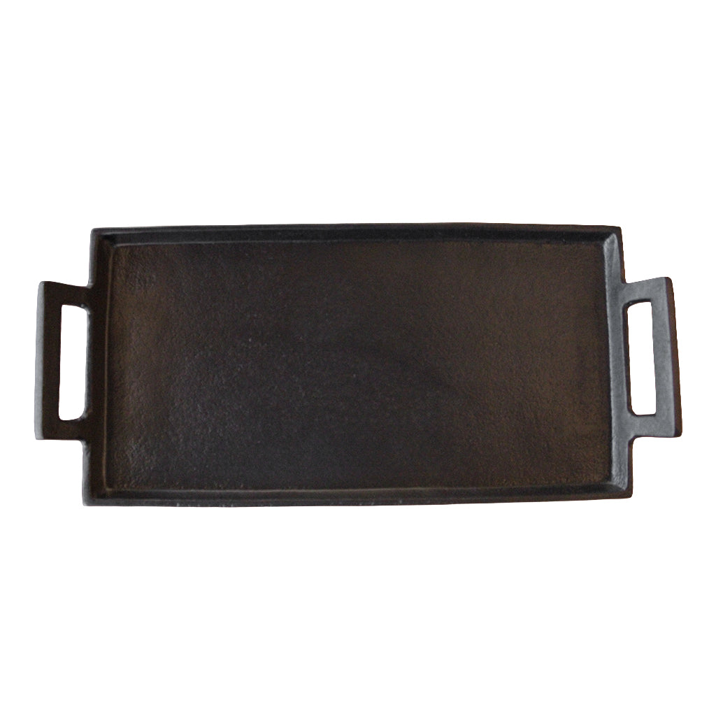 Black rectangular tray with handles on a white background