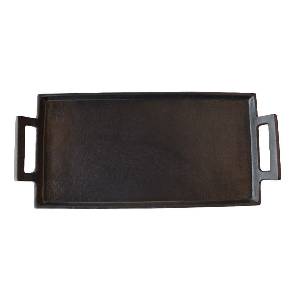 Black rectangular tray with handles on a white background