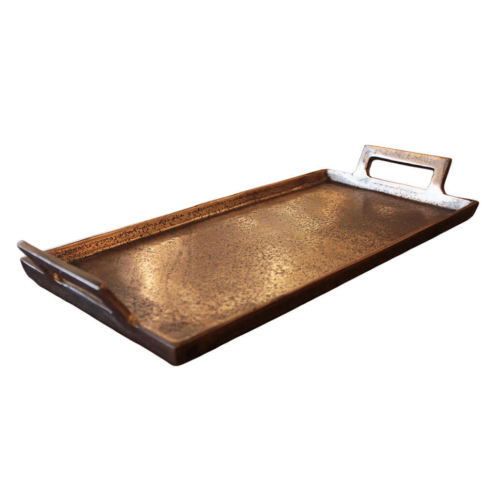 Bronze tray with handles on a white background