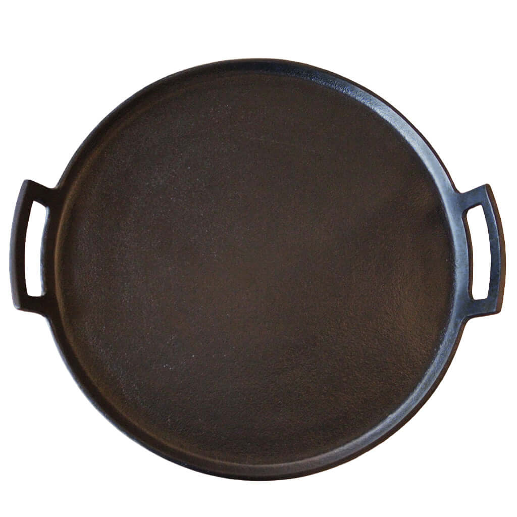 Round black tray with handles on a white background