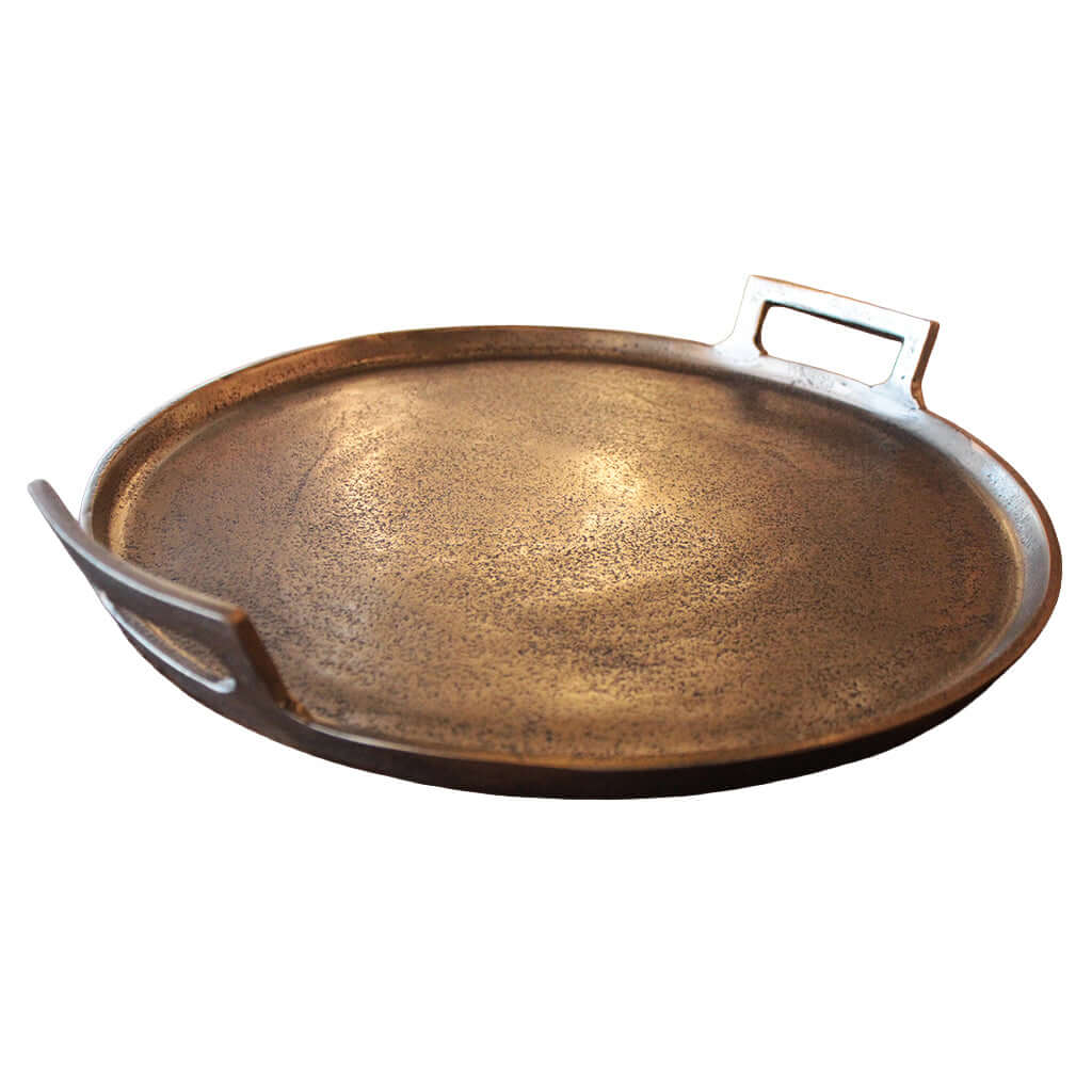 Bronze-colored tray with handles on a white background