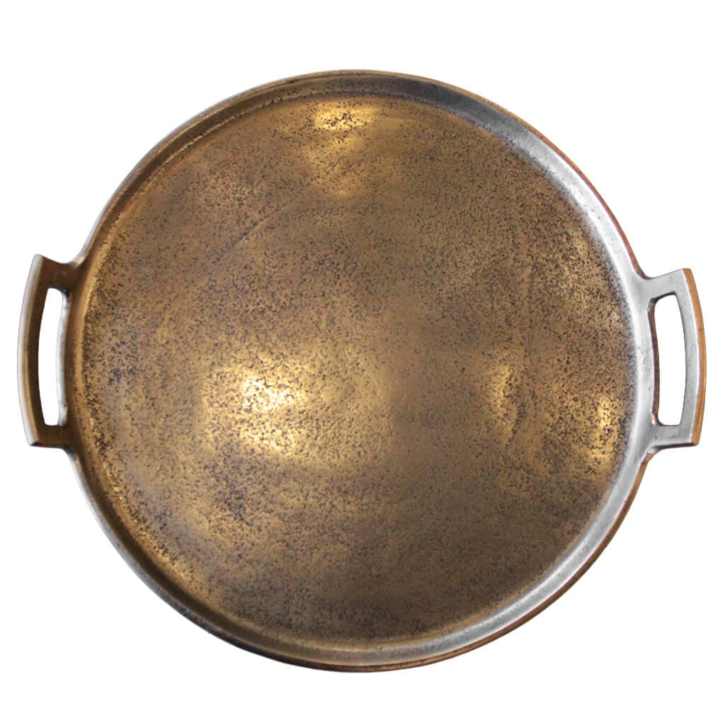 Bronze-colored round tray with handles on a white background