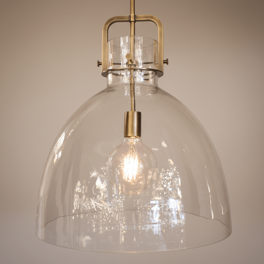 Clear glass pendant light with brass fixture on a neutral background