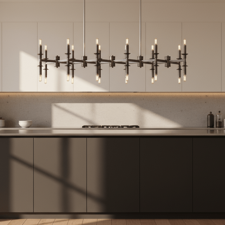 A modern kitchen interior with a large central island in matte black, matching wall cabinets in warm off-white, a dark metal candelabra-style pendant light, and natural sunlight casting shadows across the cabinetry and countertop.