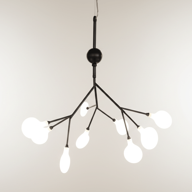 Modern chandelier with multiple light bulbs on a plain background