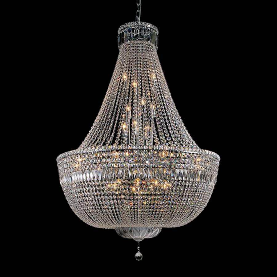 A large, elegant basket chandelier with glittering premium crystal lengths on a chrome frame.