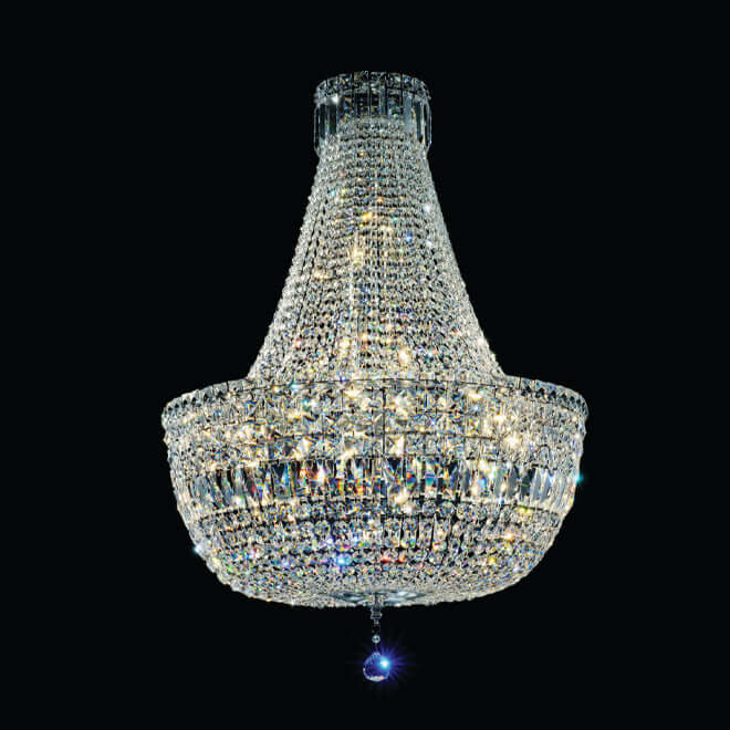 An elegant Empire-style basket chandelier with chrome frame and glittering crystal lengths, suspended from the ceiling.