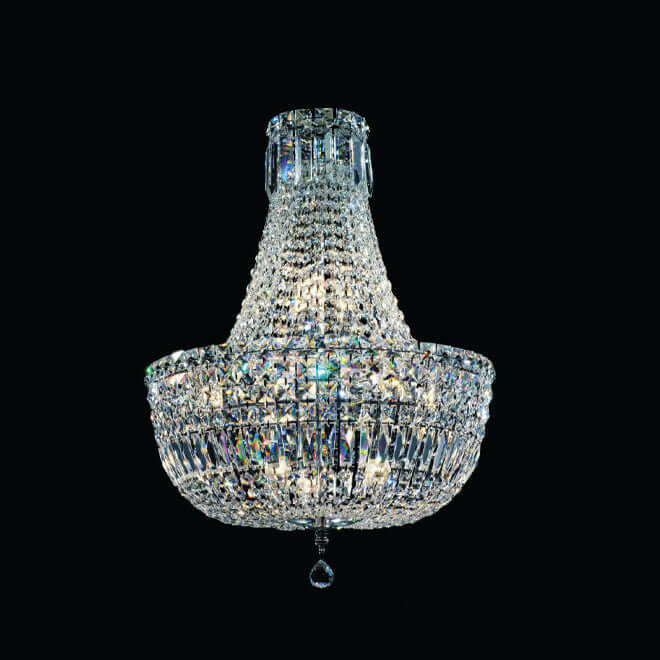 An elegant Empire-style basket chandelier with chrome frame and glittering premium crystal lengths.