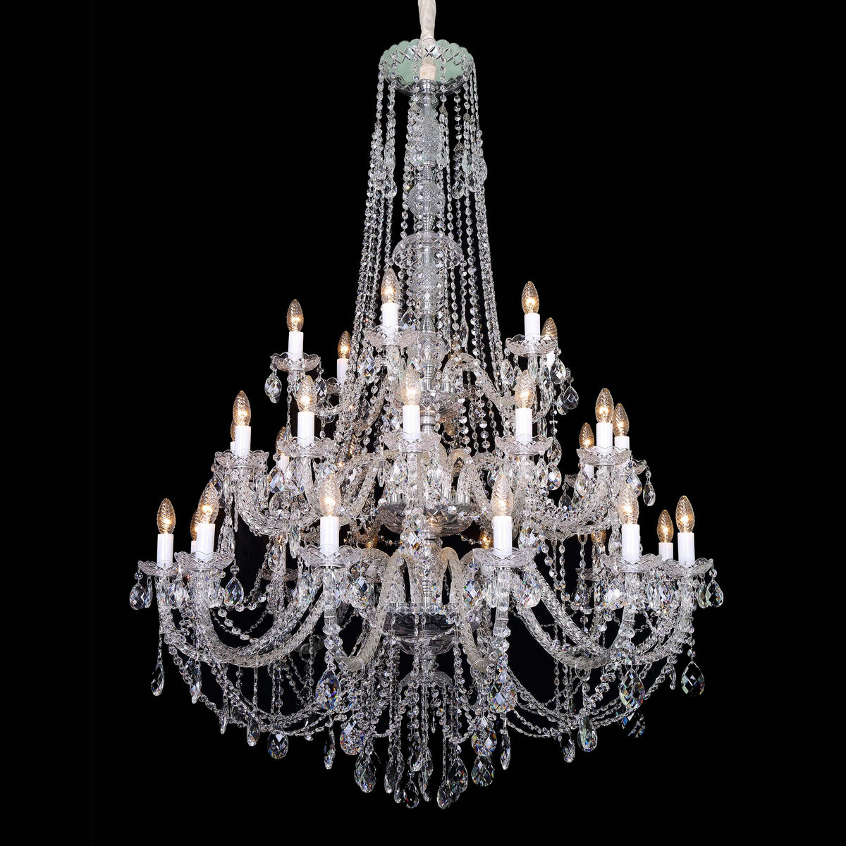 A luxurious Isabelle 30 light chandelier with highly-faceted clear crystal and metallic accents, displayed against a black background.