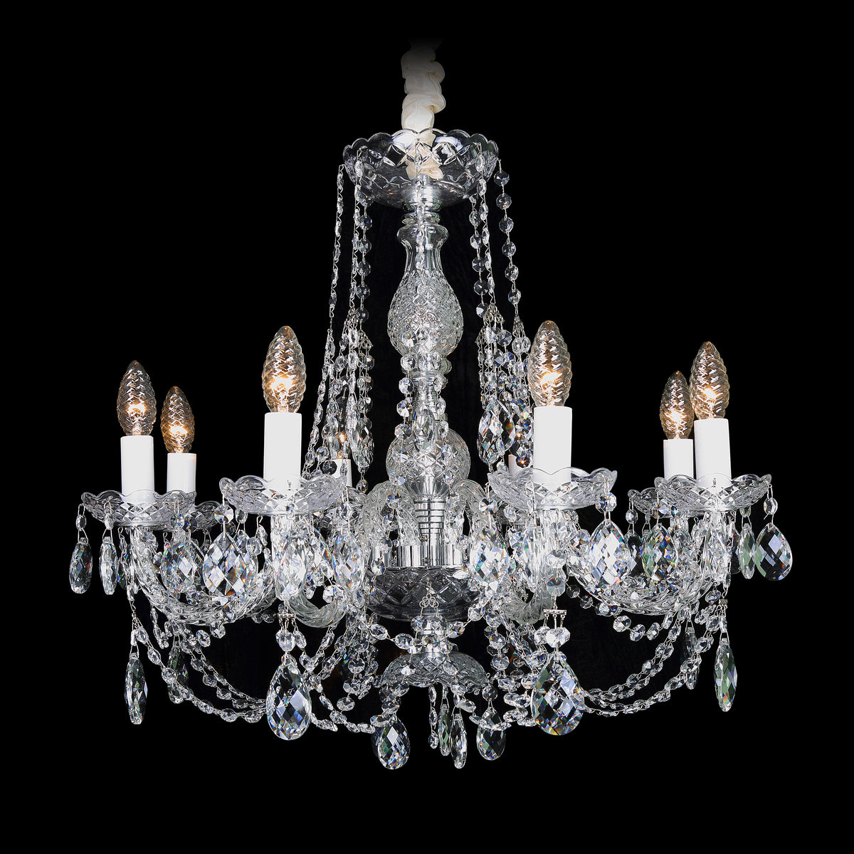 An elegant chandelier with premium clear crystal and metallic accents, featuring multiple light sources and a sophisticated design.