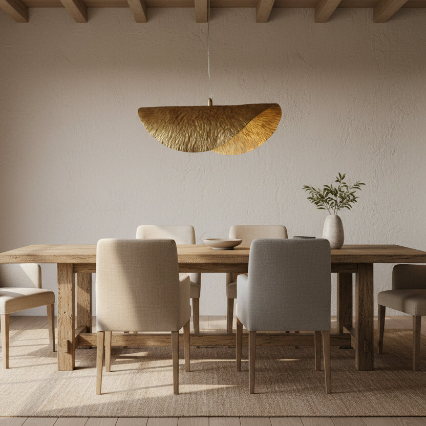 Hand-beaten brass pendant light with an organic, floating form design against a dark background.