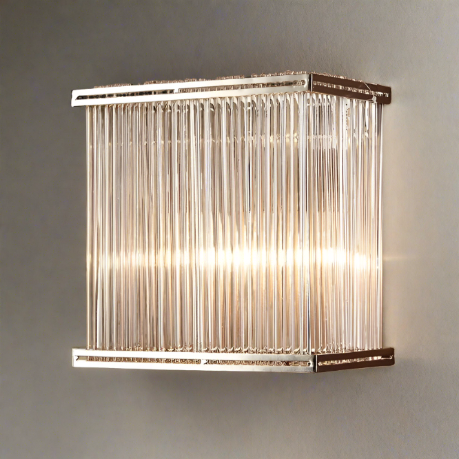A rectangular wall light with clear glass rods and an electroplated nickel frame.