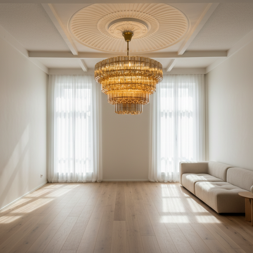Gold chandelier hanging against a beige wall