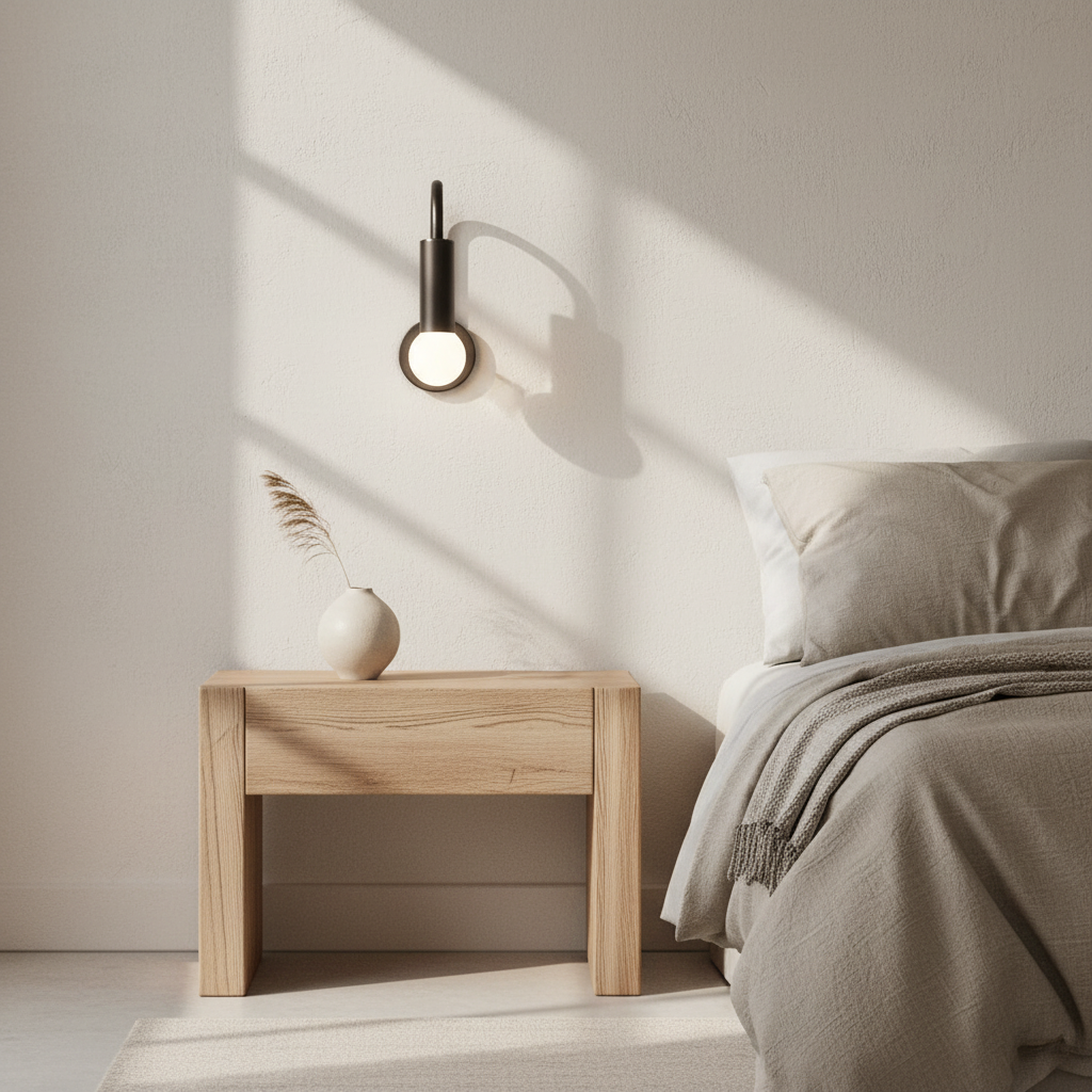Modern wall light fixture with a single bulb on a dark background