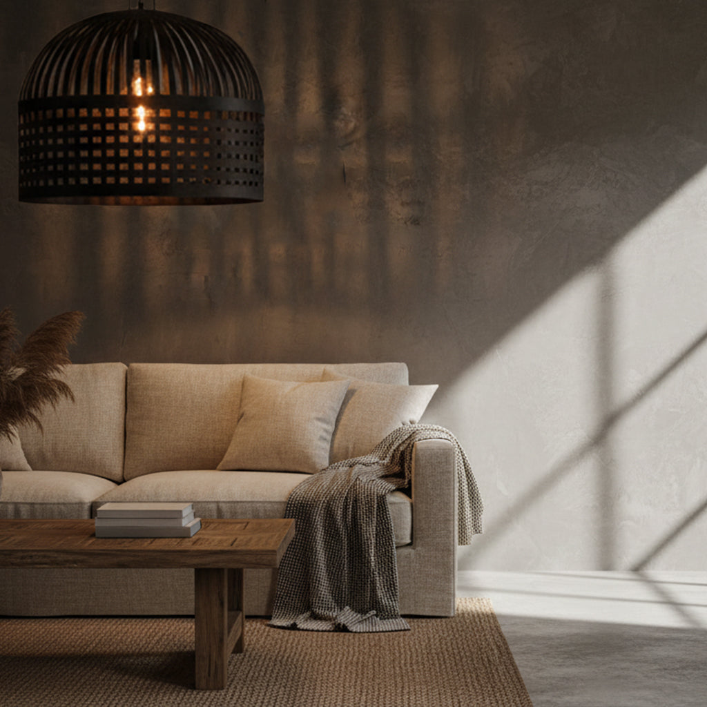 Cozy living room with beige sofa, wooden coffee table, and pendant light.