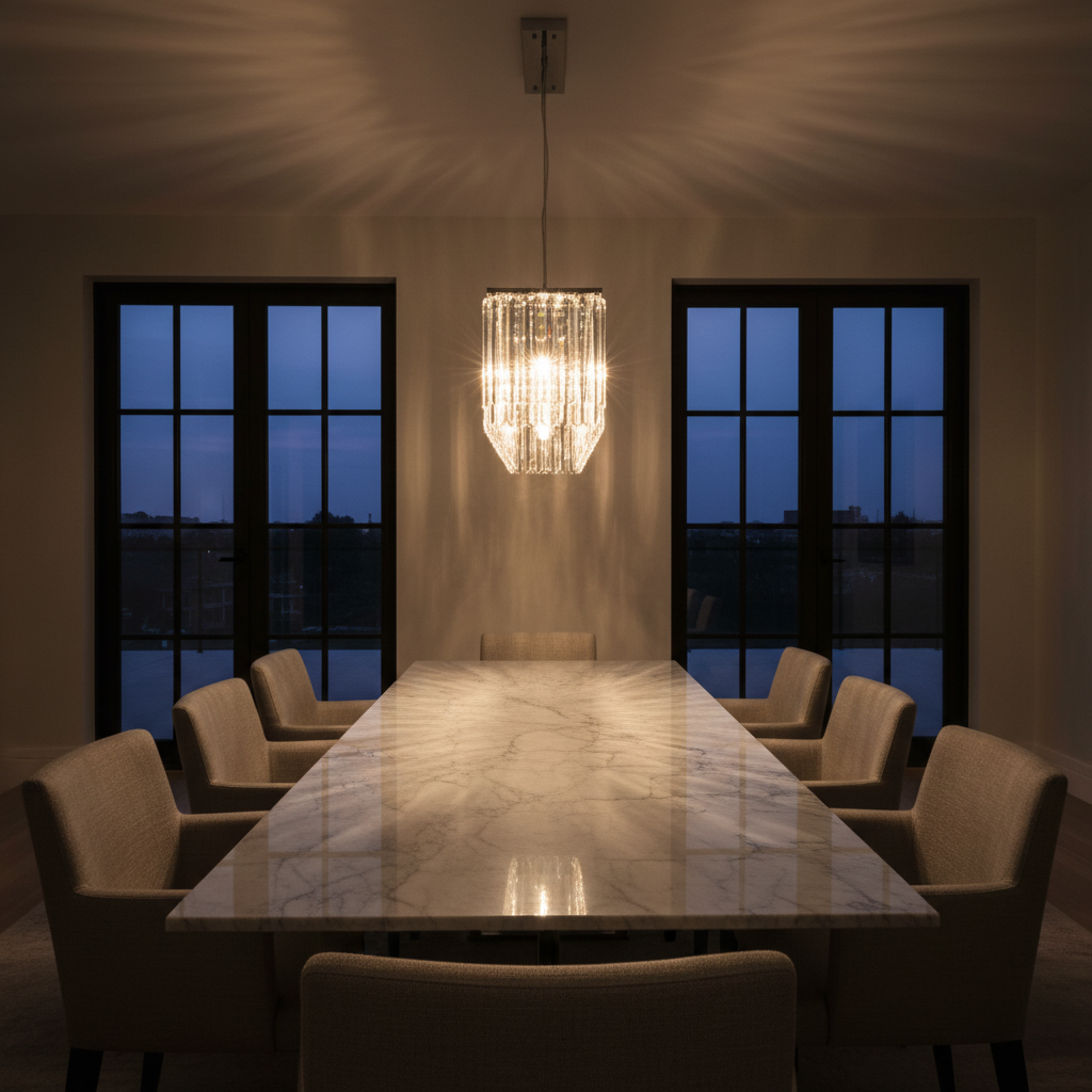 A modern dining room with a long marble table, upholstered dining chairs, and a glowing crystal pendant chandelier hanging above. Two tall black-framed windows in the back show a twilight sky.