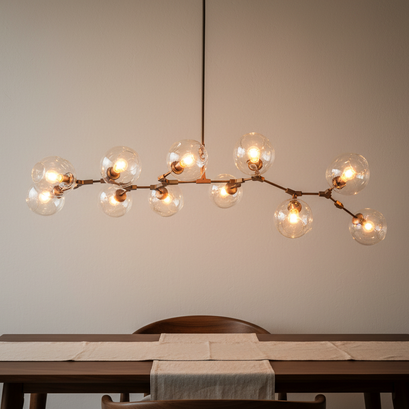 Modern chandelier hanging above a dining table with a neutral background