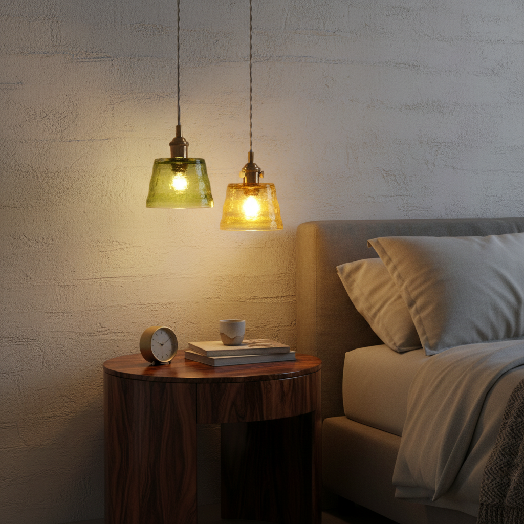 Two hanging pendant lights with green-toned glass shades glow above a wooden nightstand in a softly lit bedroom with a bed and textured wall.
