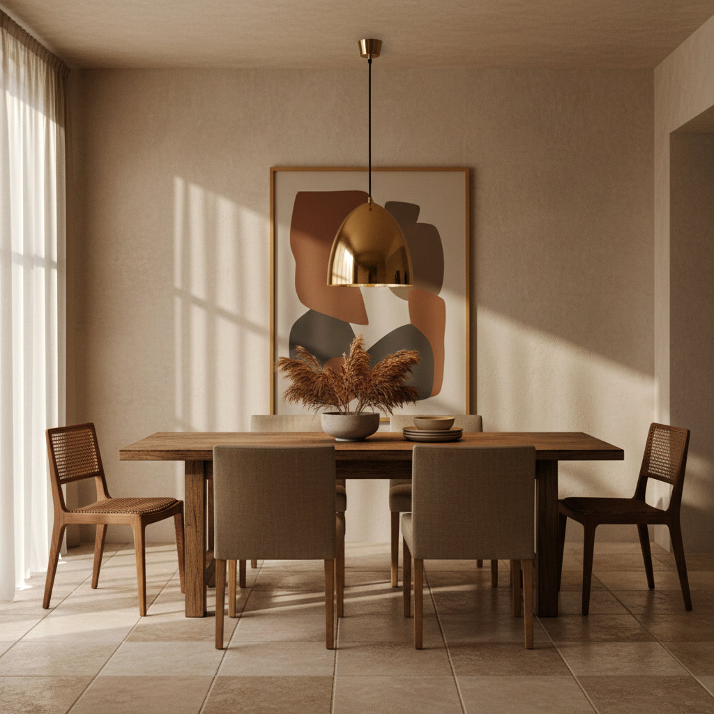 Dining room with wooden table and chairs, abstract art on the wall, and brass pendant light.