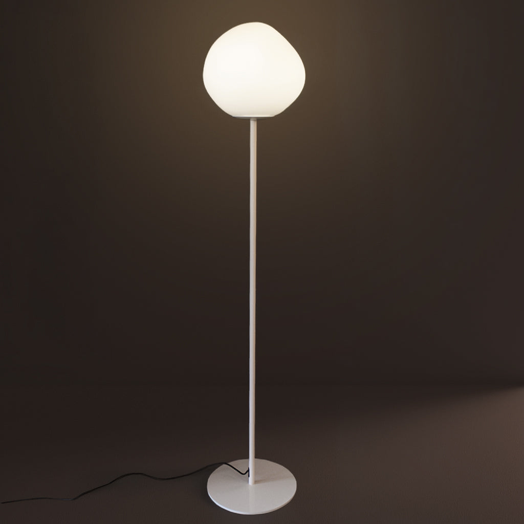 A modern floor lamp featuring a large, organic-shaped frosted white glass globe shade on a slim white metal stand, set against a dark background.