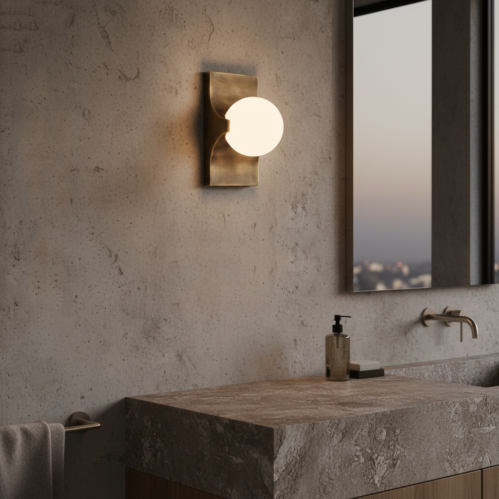 Brushed antique brass wall light with white glass globe on concrete wall in bathroom