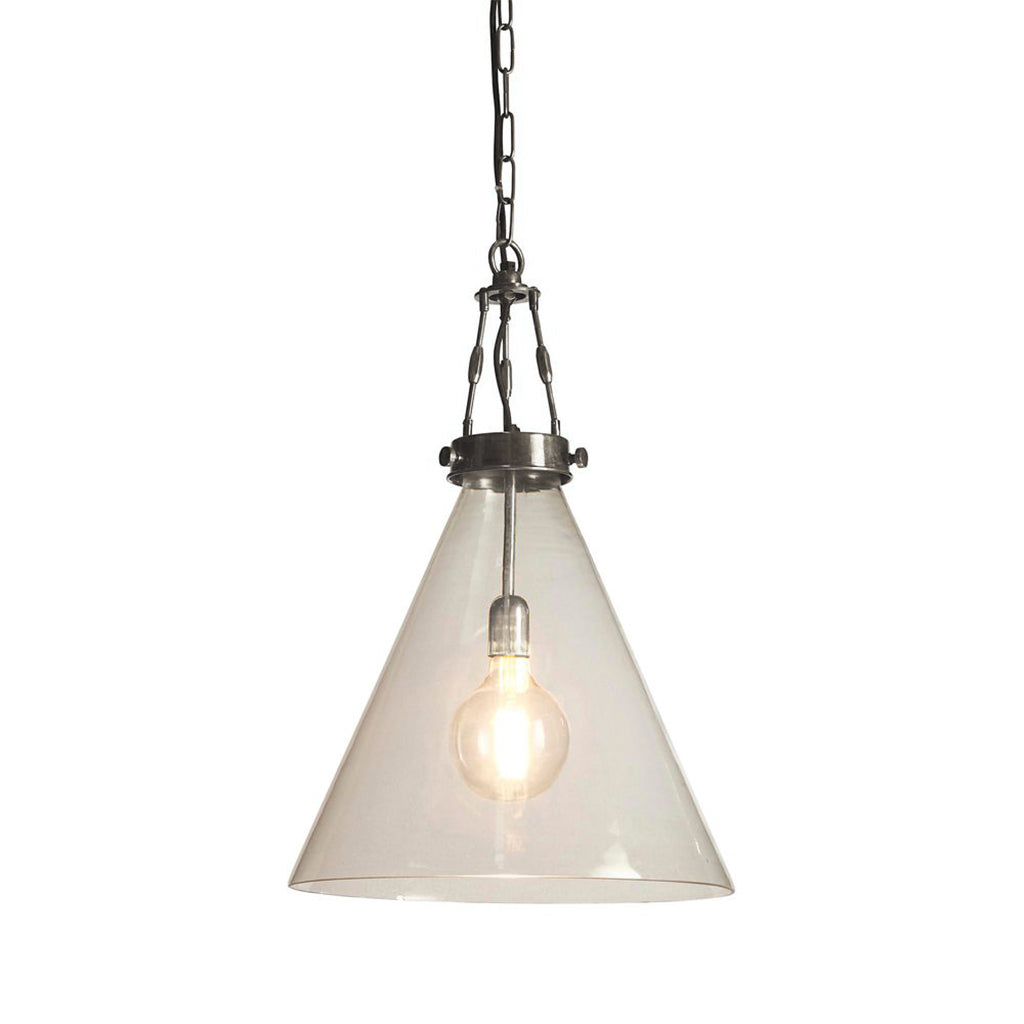 Large industrial style pendant light with dark silver fittings and glass shade against a white background