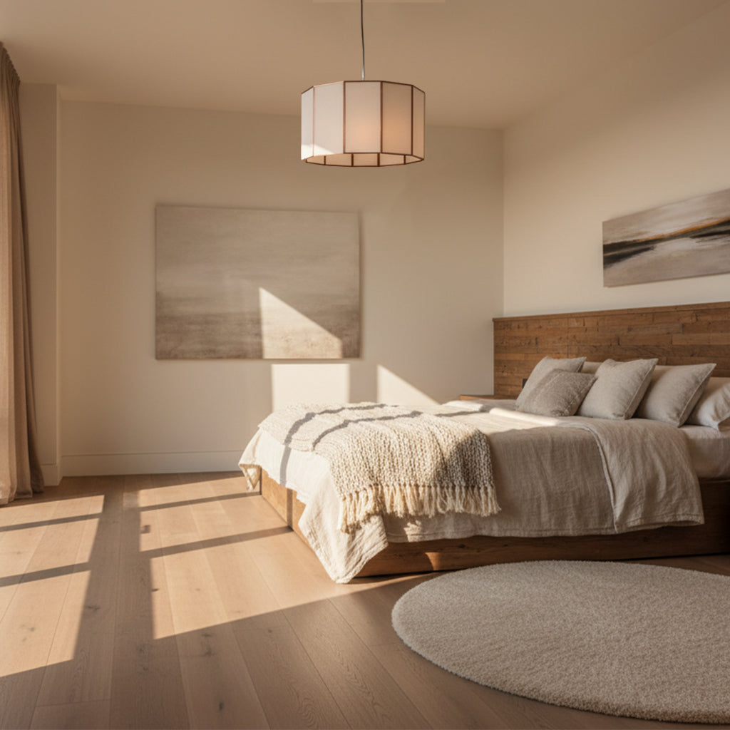 Modern bedroom with wooden bed, neutral tones, and pendant light.