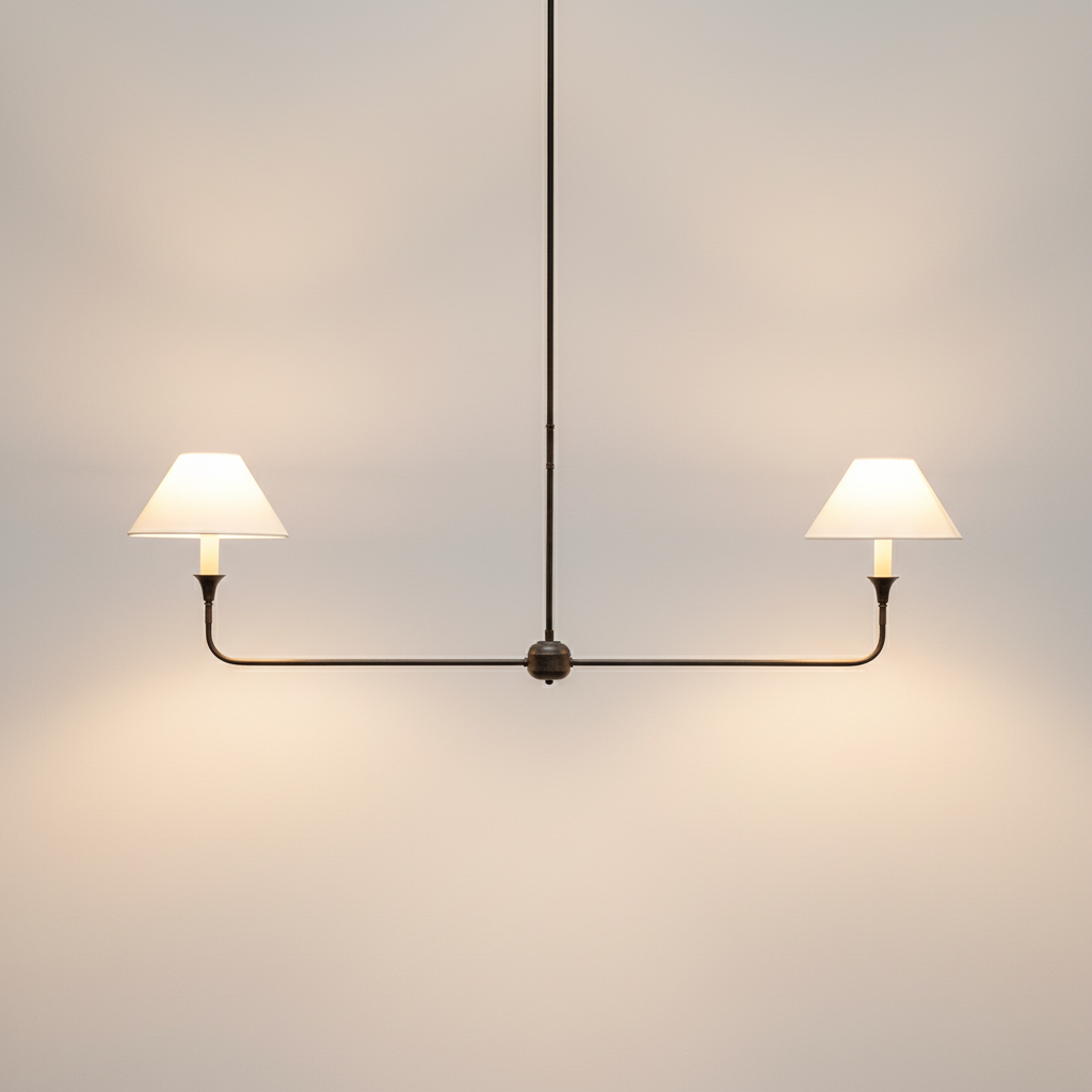 Modern pendant light with two lamps on a plain background