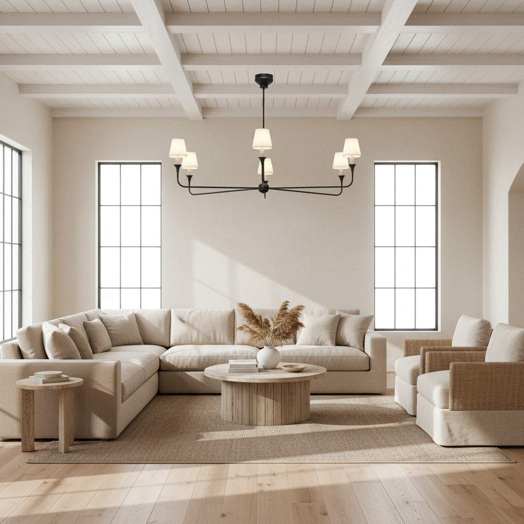 Modern living room with beige sectional sofa, wooden coffee table, and chandelier.