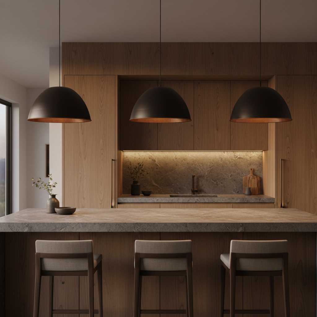 Three black and bronze domed pendant lights over contemporary kitchen island