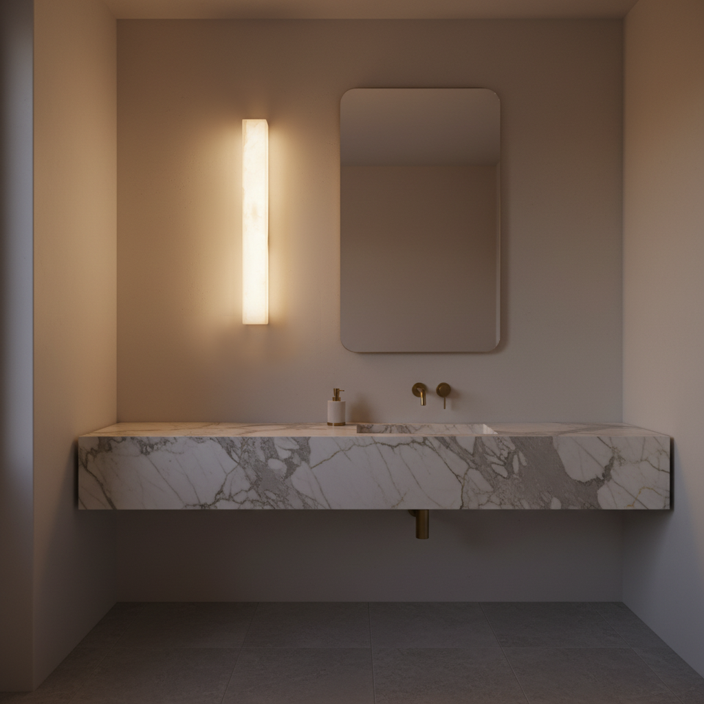 A modern bathroom vanity setup featuring a floating white marble sink with gray veining, a rectangular wall mirror, a vertical illuminated light fixture, and brass fixtures on a beige wall.