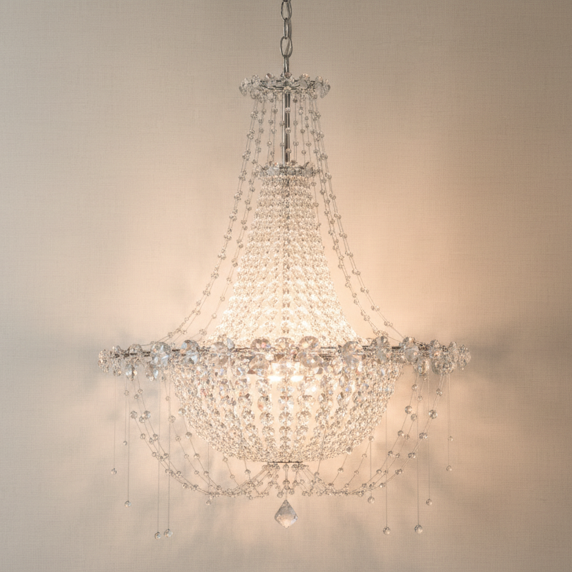 Crystal chandelier hanging against a plain wall