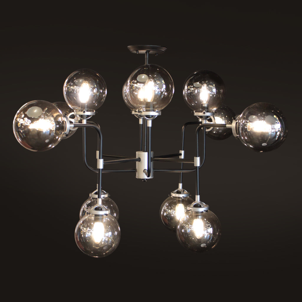 Modern chandelier with black and silver frame with smoke grey glass 