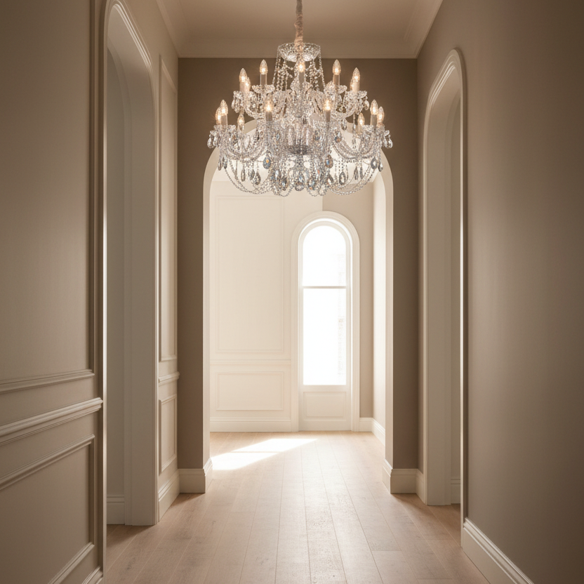 Chandelier hanging in a hallway with light streaming through a window