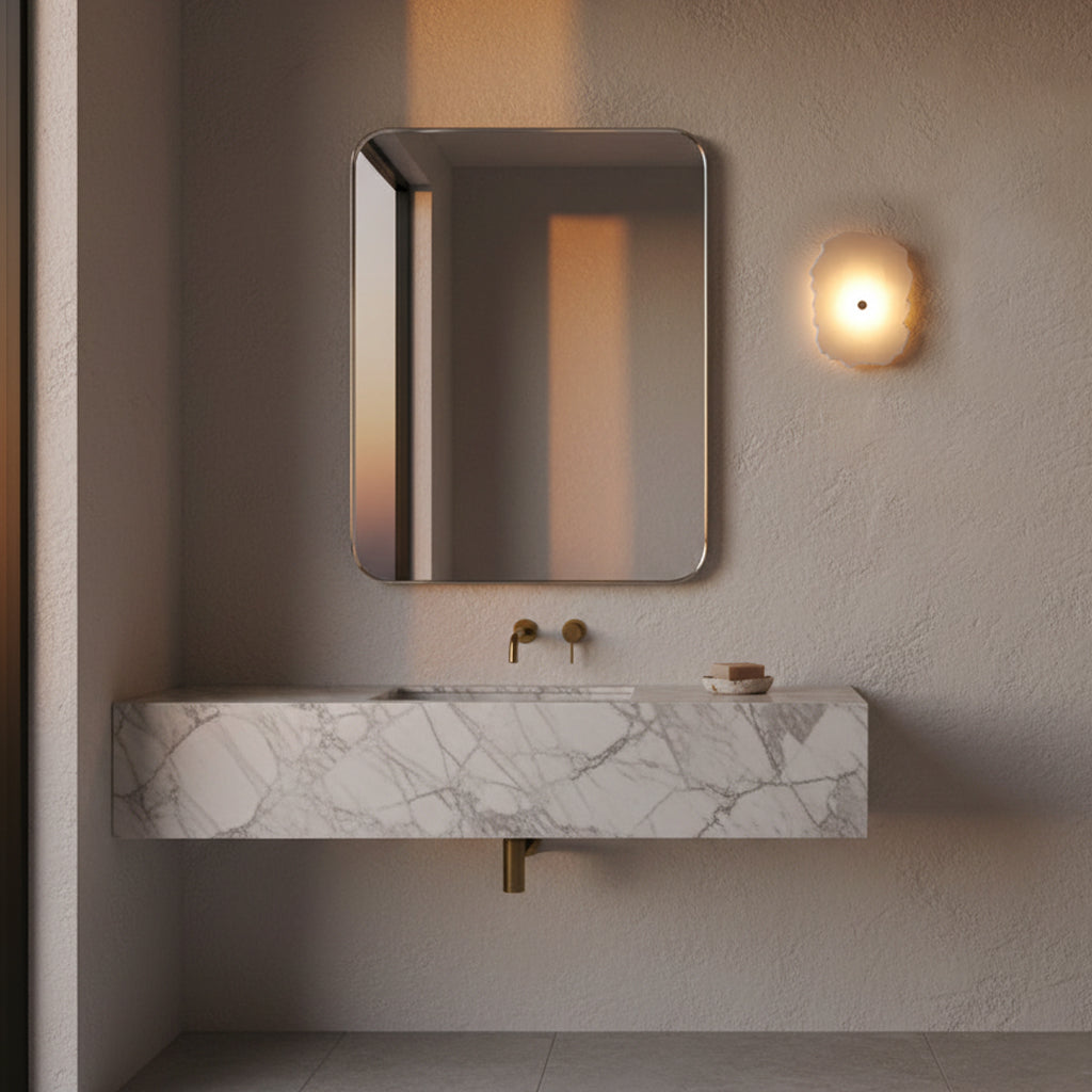 Contemporary minimalist bathroom with white marble wall sconce